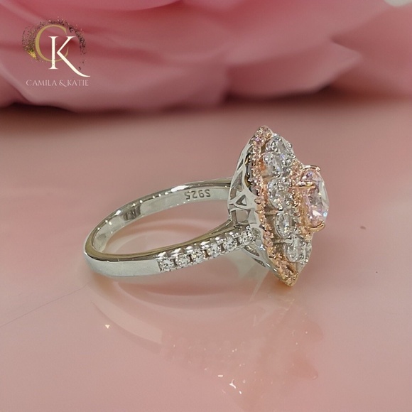 Pink Flower Lab Diamond Engagement Ring - Pink Lab Diamond Cocktail Ring - Picture 4 of 5